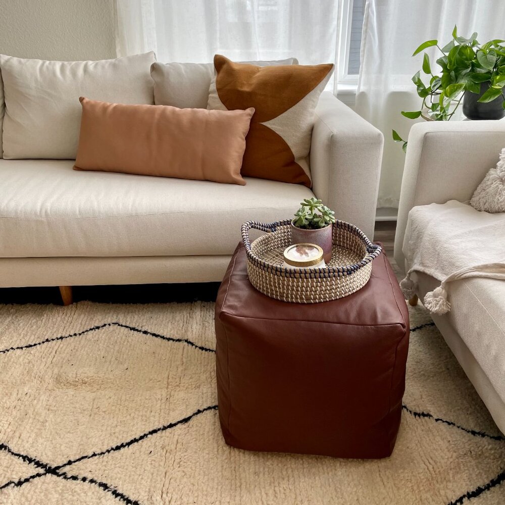 NWT Saddle Tan Moroccan Leather Pouf Ottoman - Picture 4 of 4
